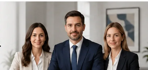 Dos mujeres y un hombre de traje, sentados frente a una mesa de reuniones